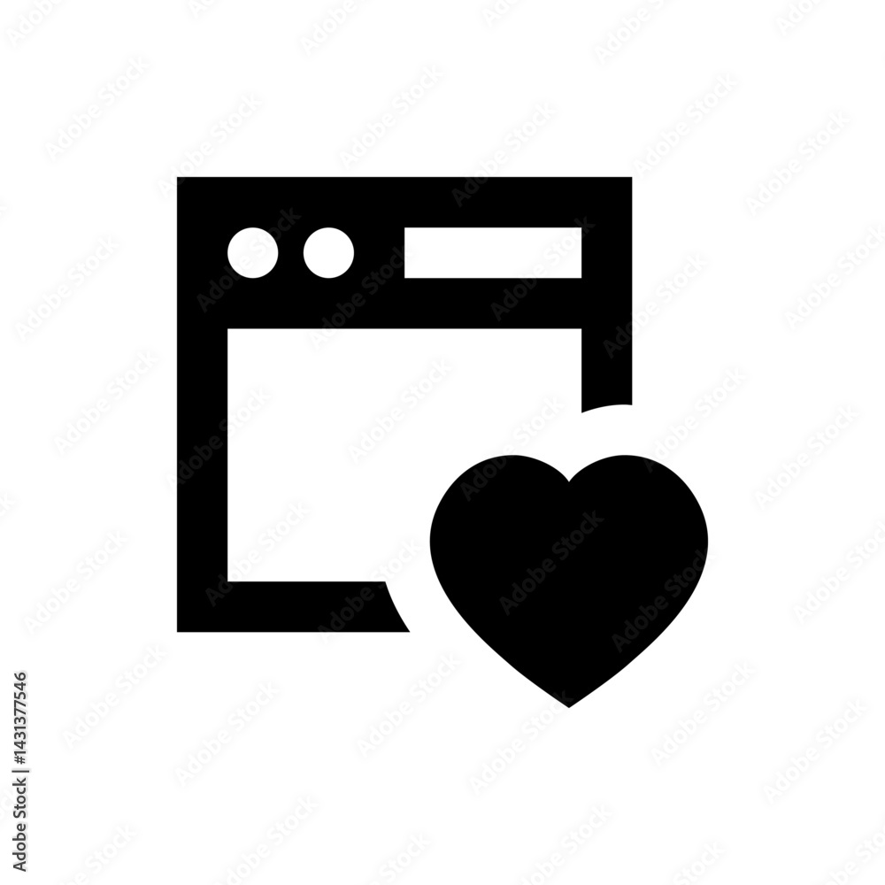 Poster black and white icon of a browser window with two circles and a heart shape on the bottom right side
