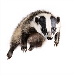 Fototapeta premium Jumping badger in mid-air captured on a white background