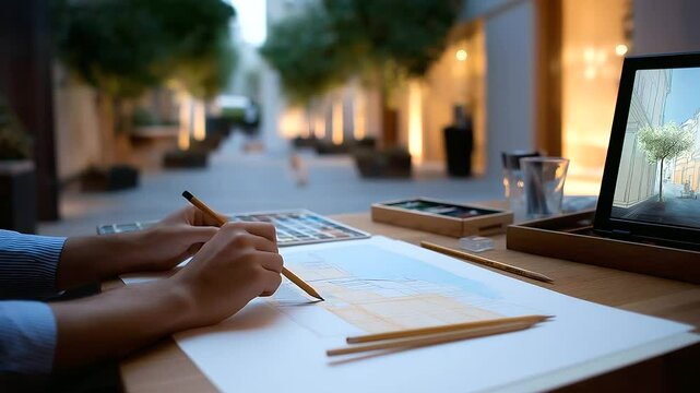 1_Pedestrian-Friendly Street Design Sketch at Dusk