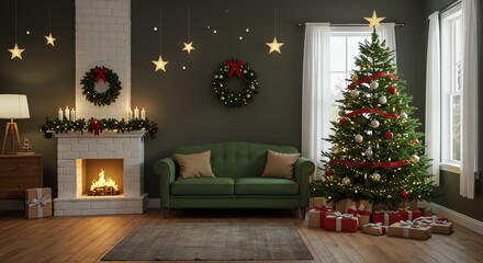 Cozy Christmas Living Room Decor Green Sofa, Fireplace, and Decorated Tree