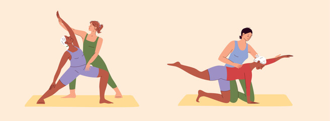 Elderly African American Women Doing Yoga with Instructors. Senior Ladies Practicing Balance and Stretching Poses on Mats. Indoor Wellness Training. Flat Vector Illustration