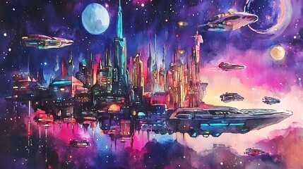 Obraz premium Futuristic City Floating in Space Watercolor Painting