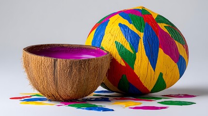 A halved coconut shell filled with pink paint next to a whole coconut painted with vibrant colors