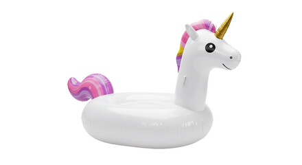 A white inflatable unicorn pool float with a golden horn and colorful mane on a black background