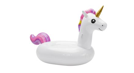A white inflatable unicorn pool float with a golden horn and colorful mane on a black background