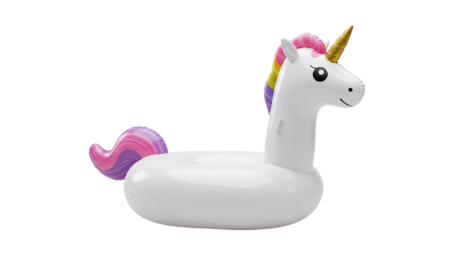 A white inflatable unicorn pool float with a golden horn and colorful mane on a black background