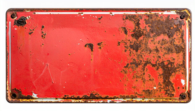 Rusty red rectangular signboard with weathered texture, vintage design isolated on white.