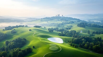Panoramic view of a lush green golf course nestled amidst rolling hills and misty valleys, with a historical structure in the background