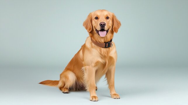 A happy golden retriever dog sits patiently against a light blue studio background wea a brown leather collar panting with its tongue out.