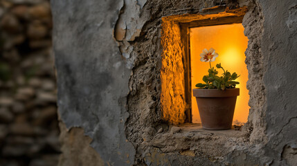 Moody Ancient Wall with Cracked Texture and Faintly Glowing Window