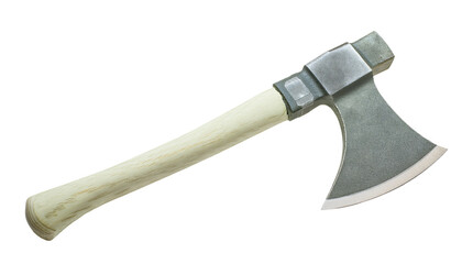 small axe with wooden handle and curved steel blade, versatile hand tool for camping and wood cutting, on isolated background
