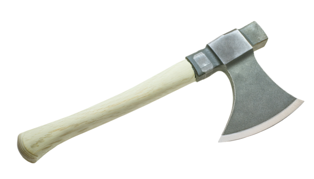 small axe with wooden handle and curved steel blade, versatile hand tool for camping and wood cutting, on isolated background
