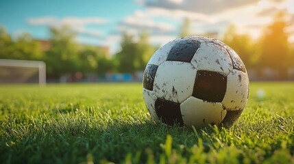 Fototapeta premium Dirty soccer ball on a grassy field