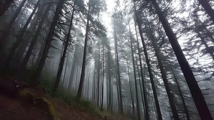 Naklejka premium forest with trees so tall their tops disappear into the mist.