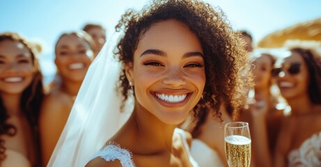 Diverse friends celebrate love and friendship at bachelorette party under the sun with joyous toasts and laughter