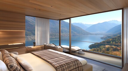 Fototapeta premium Luxury Mountain Lake View Bedroom Interior