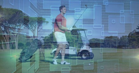 Male golfer preparing swing on sunny golf course tee box, overlaying technology UI graphics