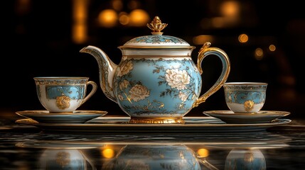Fototapeta premium Exquisite tea set, ornate porcelain, floral design
