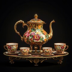 Ornate Gold Teapot and Floral Teacup Set on Black Background