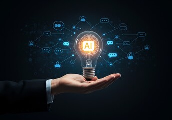 Hand Holding Glowing AI Lightbulb Dark Background