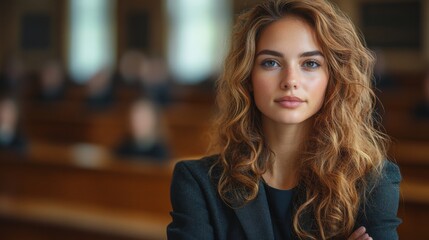 Obraz premium A confident young woman with curly hair is seated in a grand auditorium, displaying poise as background figures engage in a discussion. Warm lighting enhances the formal atmosphere.