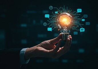 Hand Holding Glowing Light Bulb with AI and Network Icons