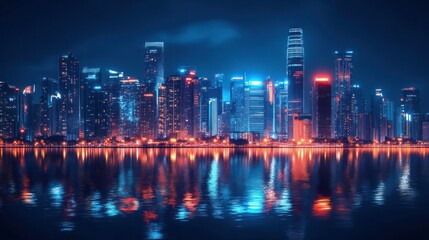 Obraz premium Neon Cityscape: A mesmerizing nightscape of a futuristic city reflecting on calm waters, illuminated by vibrant neon lights.