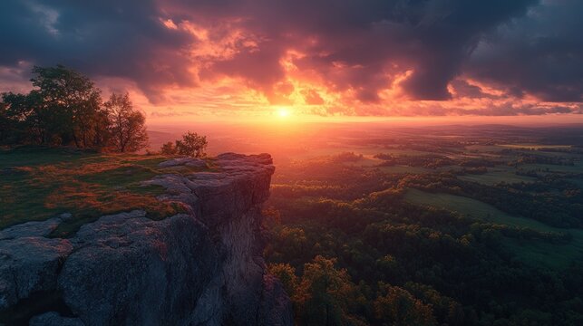 Dramatic sunset over a clifftop vista. Lush landscape below bathed in warm light - Powered by Adobe