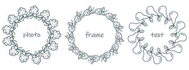 Summer fruit icons frame set. Hand drawn rounded border, outline black stroke graphic, linear doodle style design. Text space. White background. Vector illustration