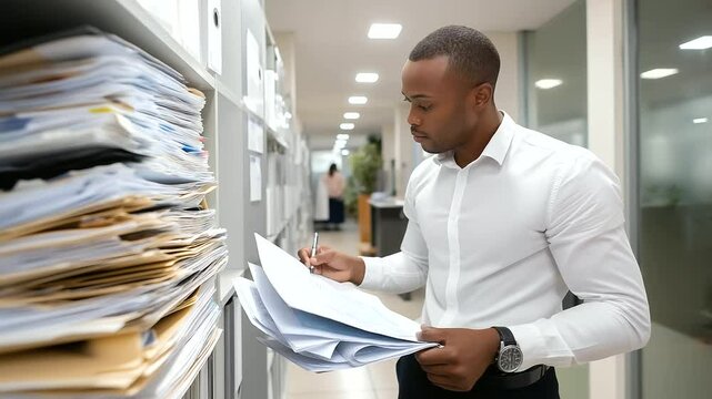 Accountant cross-checking invoices in a busy filing room