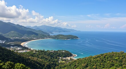 Fototapeta premium Stunning Aerial View of a Tropical Bay with Lush Green Mountains and Azure Ocean