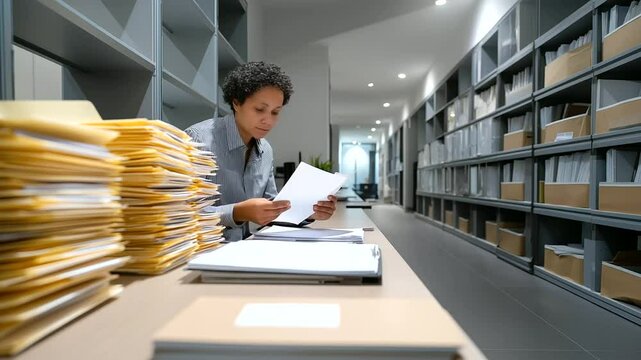 Accountant Reviewing Invoices in a Filing Room During Busy Midday