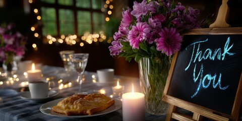 Elegant dinner setting with flowers and candles conveys gratitude in cozy indoor environment