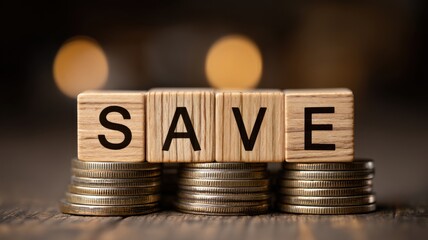 Blocks spelling "SAVE" on top of stacks of coins, symbolizing financial savings and investment.
