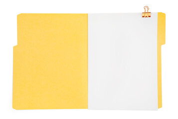 Open paper file folder with blank sheet isolated on white, top view