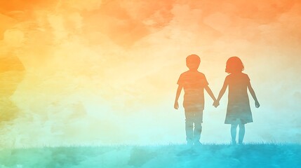 Fototapeta premium Silhouette of Children Holding Hands at Sunset Watercolor Background
