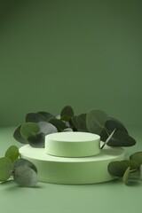 Beautiful eucalyptus branches on podium against green background. Space for text