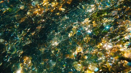 Sparkling riverbed stones and water reflections.