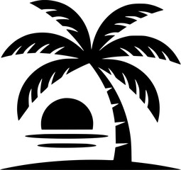 Silhouette of a tropical palm tree at sunset on a beach island