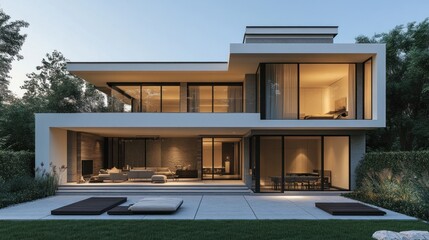 Fototapeta premium Modern Luxury Home Architectural Design: Evening Ambiance