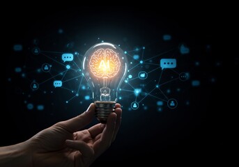 Hand Holding Glowing Lightbulb with Brain and Network Connections