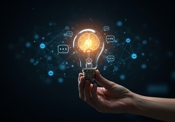 Hand Holding Glowing Lightbulb with Brain and Network Connections