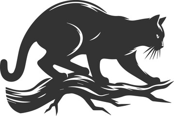 Cat with tree branch vector silhouette