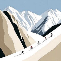 Stylized Winter Mountain Scene with Skiers