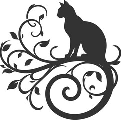 Cat with tree branch vector silhouette