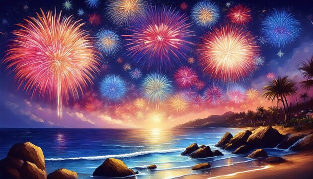 Fireworks burst in vibrant colors above a tranquil beach, marking a joyful celebration at twilight.