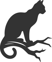 Cat with tree branch vector silhouette