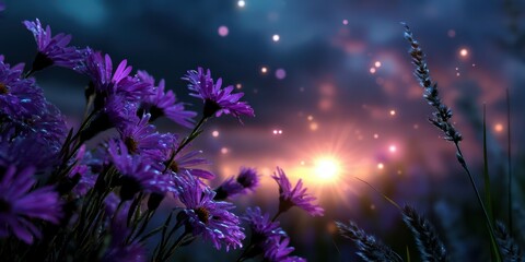 Colorful flowers bloom at sunset with warm light and soft focus during a tranquil evening in a natural landscape
