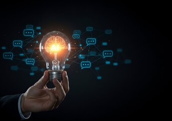 Hand Holding Glowing Lightbulb with Network Connections and Brain Inside