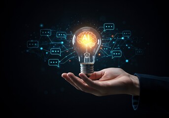 Hand Holding Glowing Lightbulb with Sale Sign and Digital Network